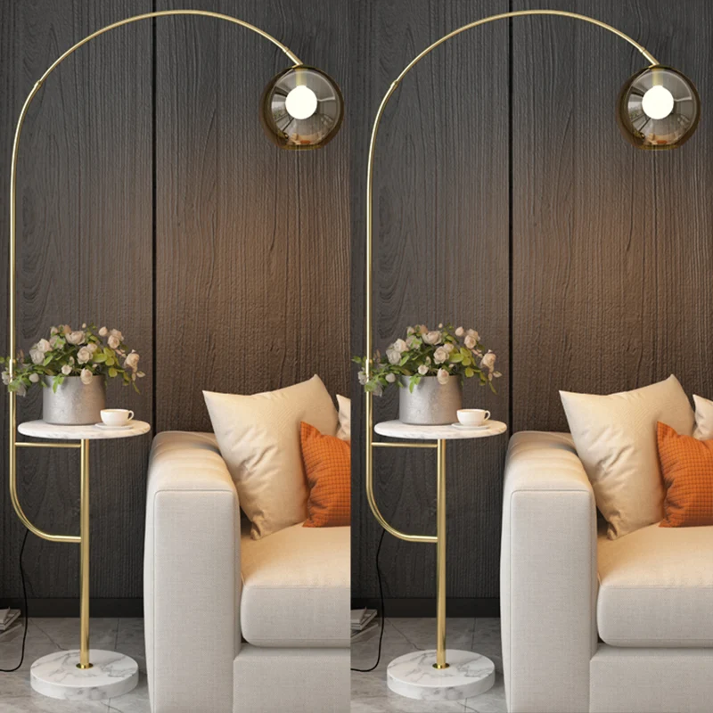 Hengel Woonkamer Staande Lamp Metaal Enkele Postmoderne Dienblad Vloerlamp met Bal Rookgrijs Glazen Kap Clearhalo