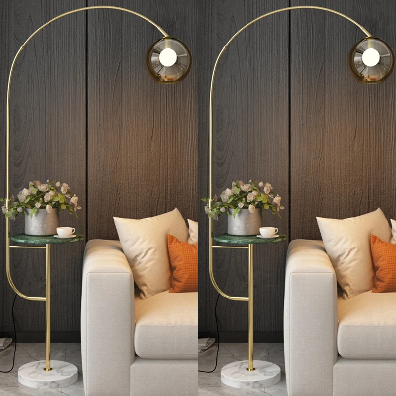 Hengel Woonkamer Staande Lamp Metaal Enkele Postmoderne Dienblad Vloerlamp met Bal Rookgrijs Glazen Kap Clearhalo