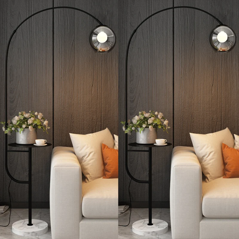 Hengel Woonkamer Staande Lamp Metaal Enkele Postmoderne Dienblad Vloerlamp met Bal Rookgrijs Glazen Kap Clearhalo