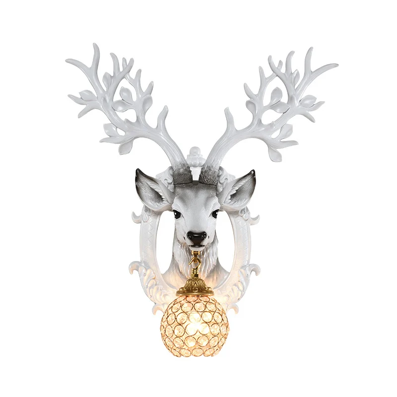 Hertenkop slaapkamer wandkandelaar retro-stijl hars 1-lichts witte wandlamp met globale gefacetteerde kristallen kap Clear...
