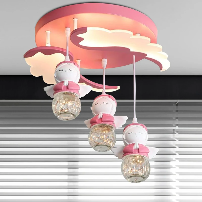 Hoekvorm Semi Flush Verlichting Cartoon Hars 3/4 Lichten Roze Dicht bij Plafondlamp met Vleugelontwerp Clearhalo