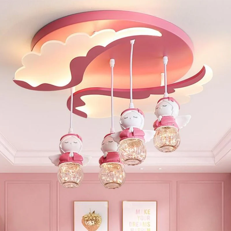 Hoekvorm Semi Flush Verlichting Cartoon Hars 3/4 Lichten Roze Dicht bij Plafondlamp met Vleugelontwerp Clearhalo