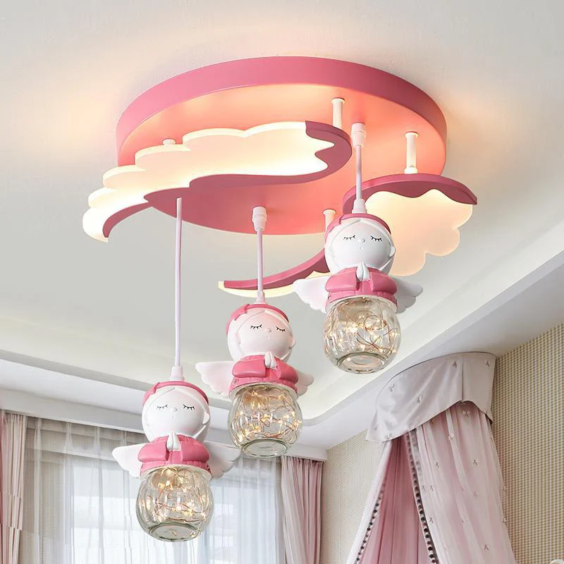 Hoekvorm Semi Flush Verlichting Cartoon Hars 3/4 Lichten Roze Dicht bij Plafondlamp met Vleugelontwerp Clearhalo