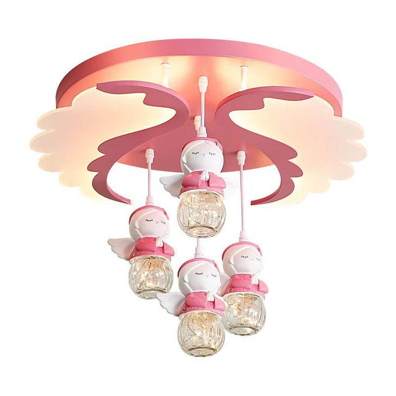 Hoekvorm Semi Flush Verlichting Cartoon Hars 3/4 Lichten Roze Dicht bij Plafondlamp met Vleugelontwerp Clearhalo