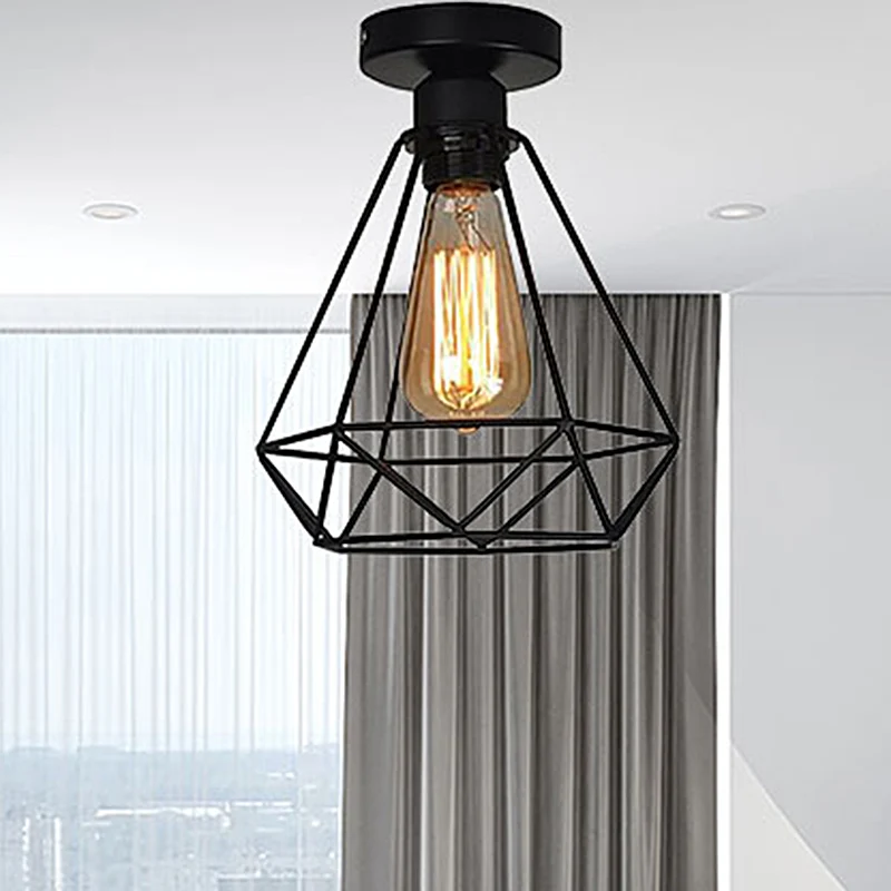 1 hoofd ijzer semi-inbouwlamp industriële stijl zwarte kooi diamant koffieshop plafondlamp Clearhalo