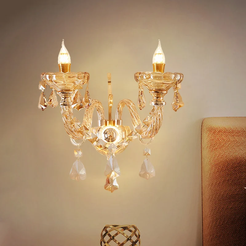 2 hoofden gefacetteerde kristallen wandgemonteerde licht modernistische gouden bloem slaapkamer wandlamp schans Clearhalo