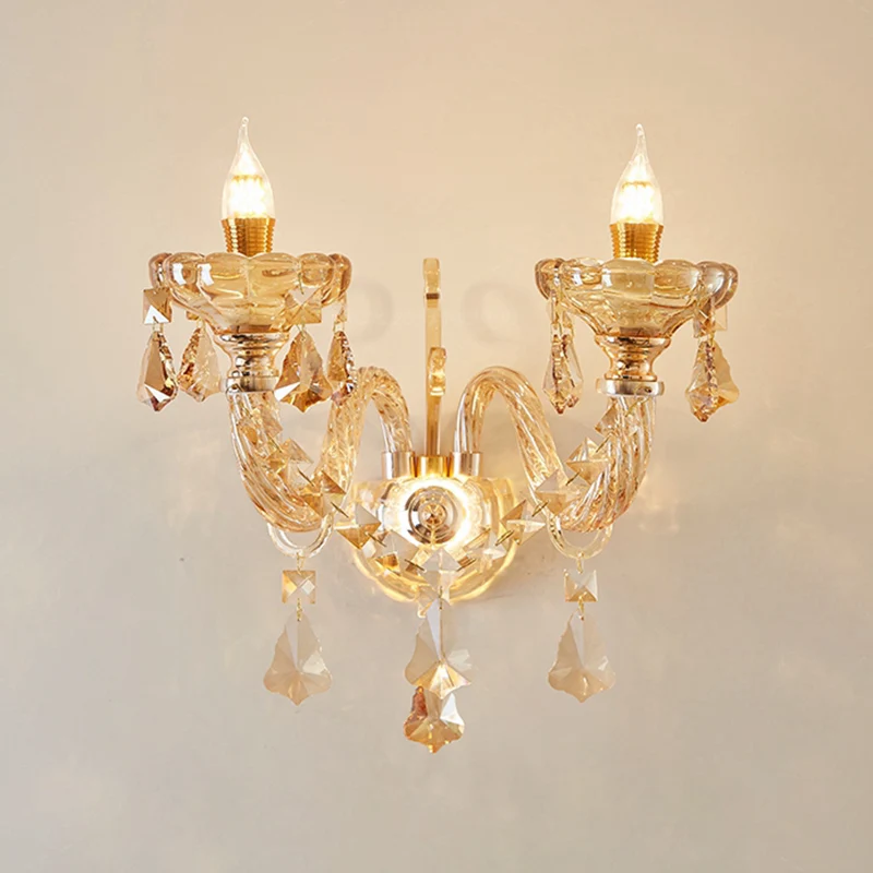 2 hoofden gefacetteerde kristallen wandgemonteerde licht modernistische gouden bloem slaapkamer wandlamp schans Clearhalo