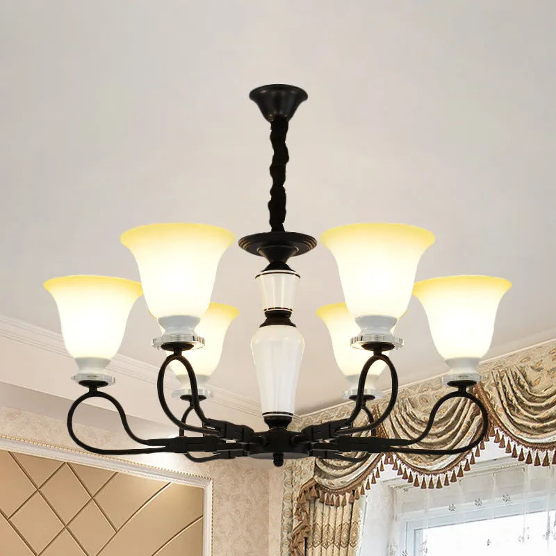 3/6 hoofden hangende kroonluchter retro slaapkamer hanglamp met uitlopende matglazen kap zwart Clearhalo