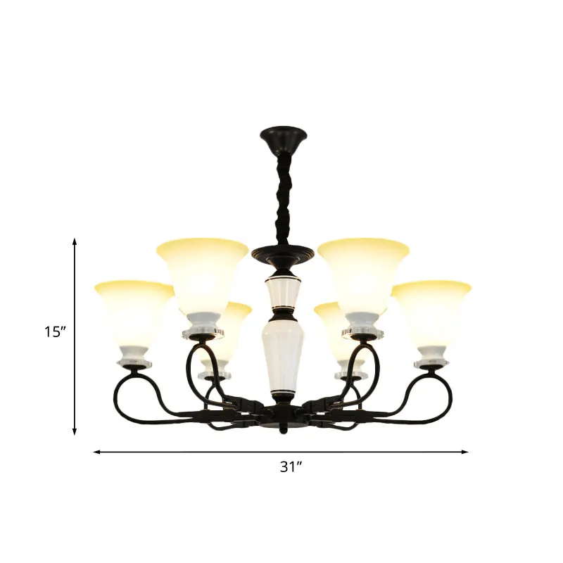 3/6 hoofden hangende kroonluchter retro slaapkamer hanglamp met uitlopende matglazen kap zwart Clearhalo