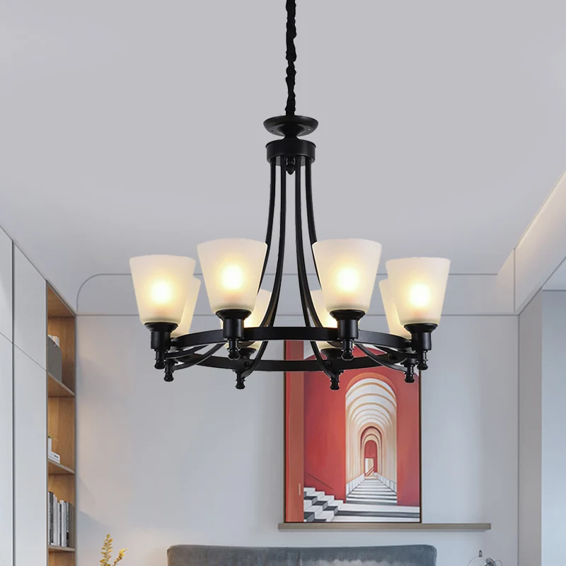 6/8 hoofden hangende kroonluchter rustieke woonkamer hanglamp met taps toelopende kap van opaalglas zwart Clearhalo