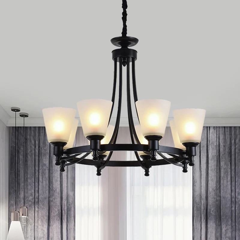 6/8 hoofden hangende kroonluchter rustieke woonkamer hanglamp met taps toelopende kap van opaalglas zwart Clearhalo