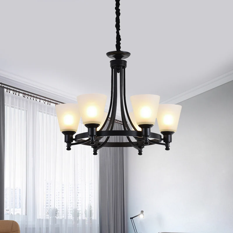 6/8 hoofden hangende kroonluchter rustieke woonkamer hanglamp met taps toelopende kap van opaalglas zwart Clearhalo