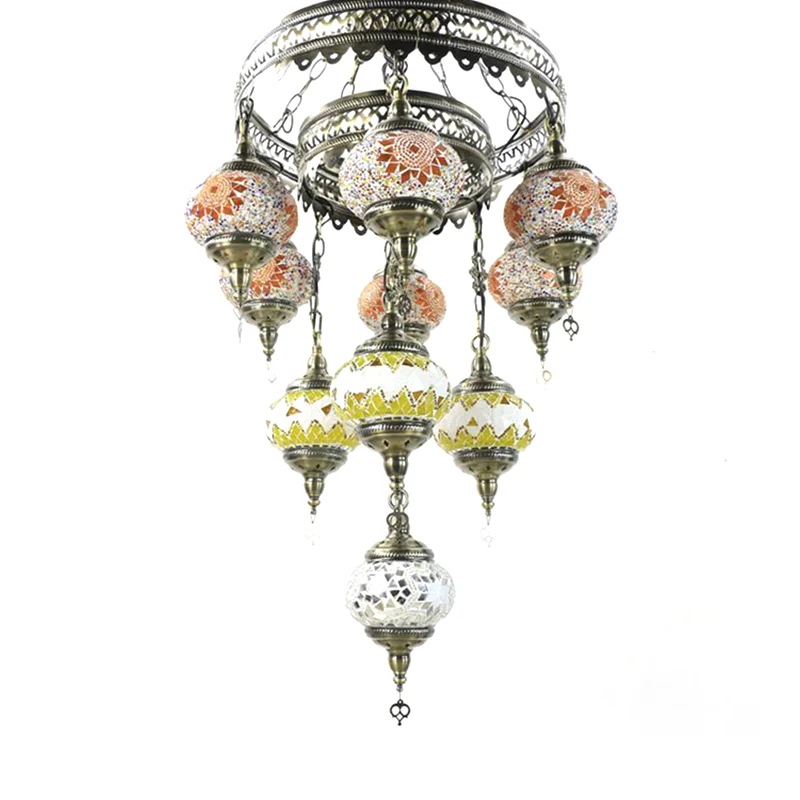 10 hoofden ovale hangende lichtarmatuur traditioneel rood/roze/geel veelkleurige glas--lood kroonluchterlamp Clearhalo
