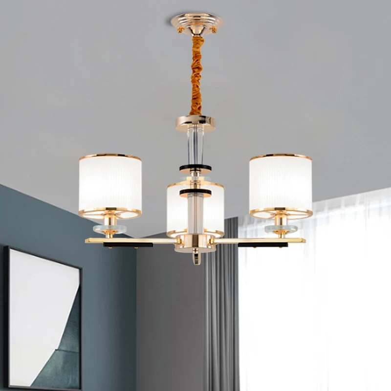 3 hoofden salon plafond hanger eenvoud gouden kroonluchter licht met trommel opaal glazen kap Clearhalo