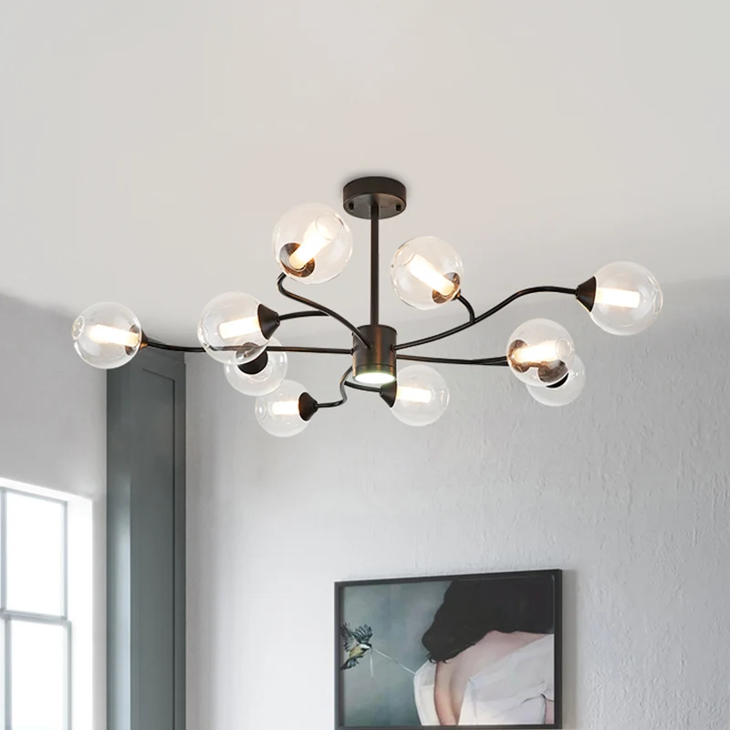 10 hoofden woonkamer kroonluchterlamp moderne zwarte hanglamp met bol helder glazen kap Clearhalo