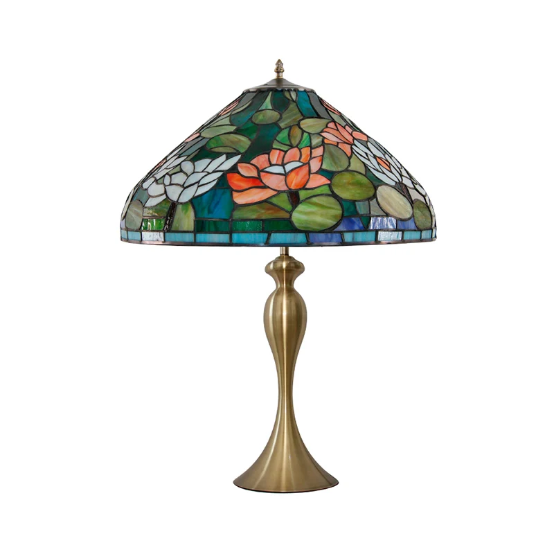 1 Hoofdnachtlampje Vintage conische veelkleurige glas--lood bureaulamp met lotuspatroon messing Clearhalo