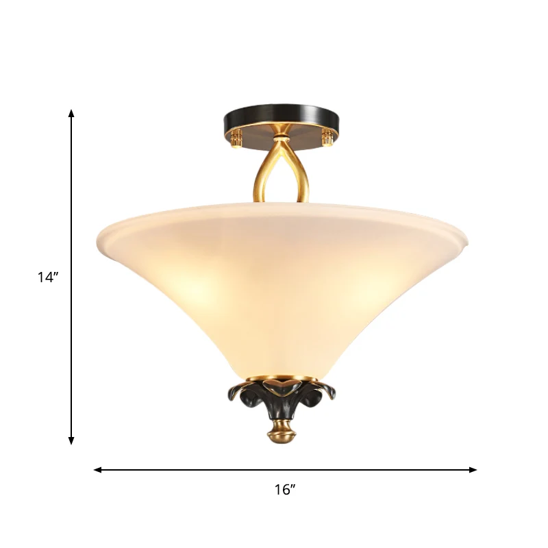 Hoornvorm wit glas semi-inbouwlamp landelijke stijl 3-lichts slaapkamer plafondlamp messing Clearhalo