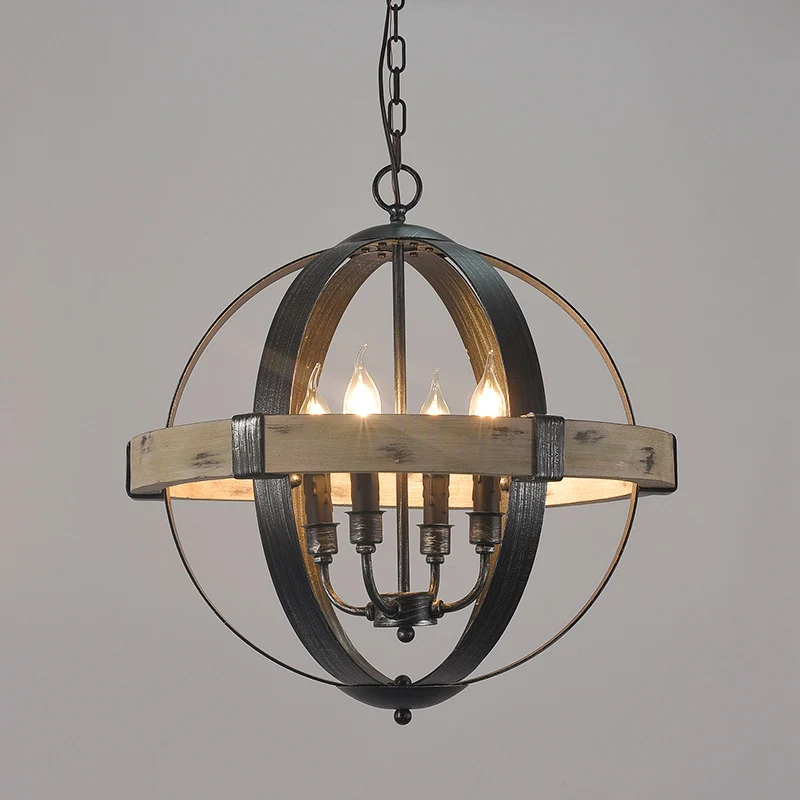 Houten band Globe hangende kroonluchter Landelijke woonkamer hanglampset zwart Clearhalo