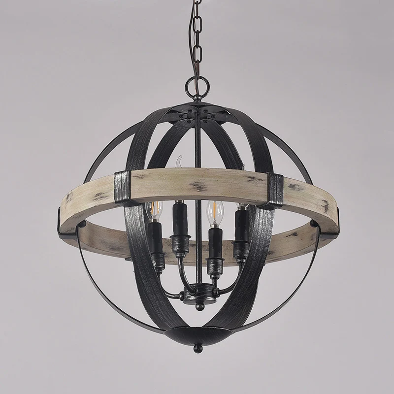 Houten band Globe hangende kroonluchter Landelijke woonkamer hanglampset zwart Clearhalo
