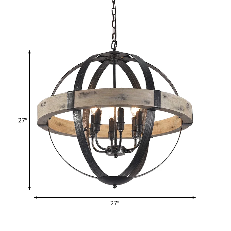 Houten band Globe hangende kroonluchter Landelijke woonkamer hanglampset zwart Clearhalo