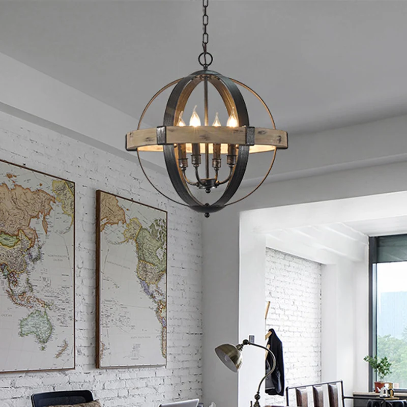 Houten band Globe hangende kroonluchter Landelijke woonkamer hanglampset zwart Clearhalo