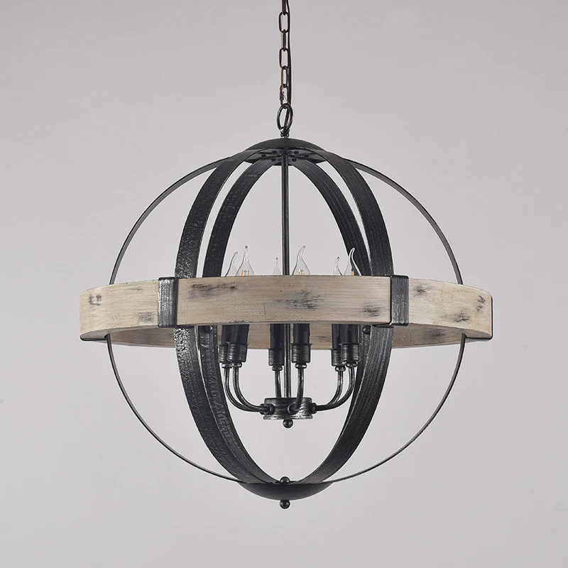 Houten band Globe hangende kroonluchter Landelijke woonkamer hanglampset zwart Clearhalo