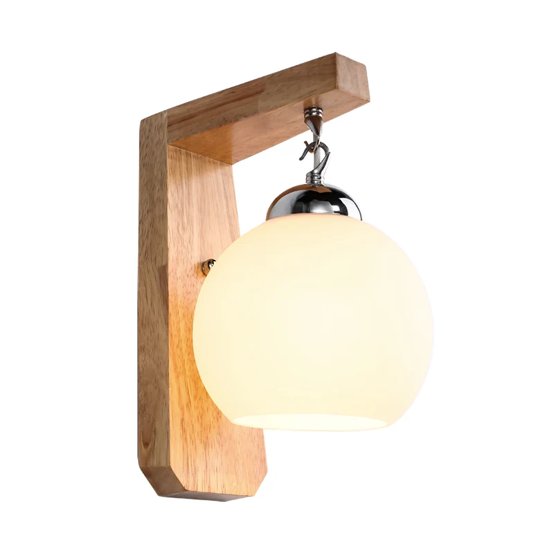 Houten bewapende schanslamp Aziatisch 1-kops beige wandverlichtingsarmatuur met ronde witte glazen kap Clearhalo