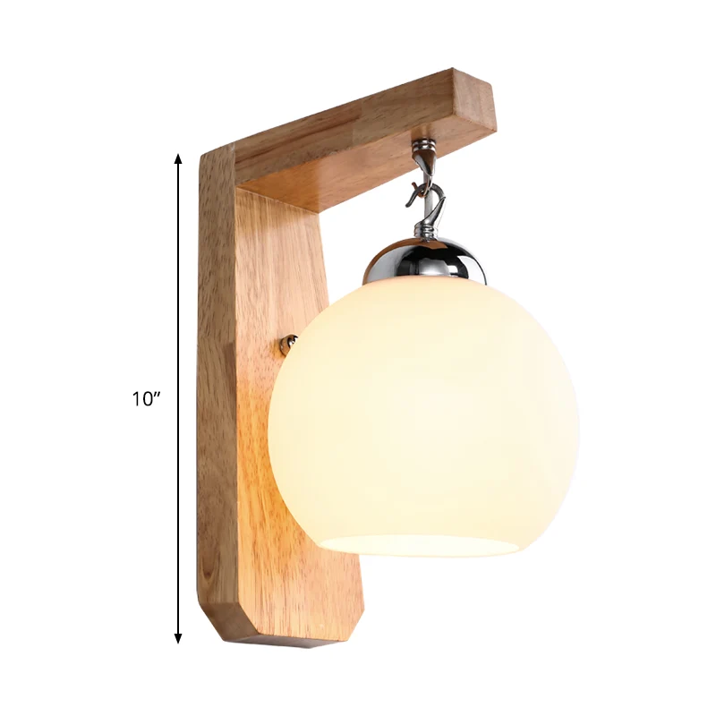 Houten bewapende schanslamp Aziatisch 1-kops beige wandverlichtingsarmatuur met ronde witte glazen kap Clearhalo