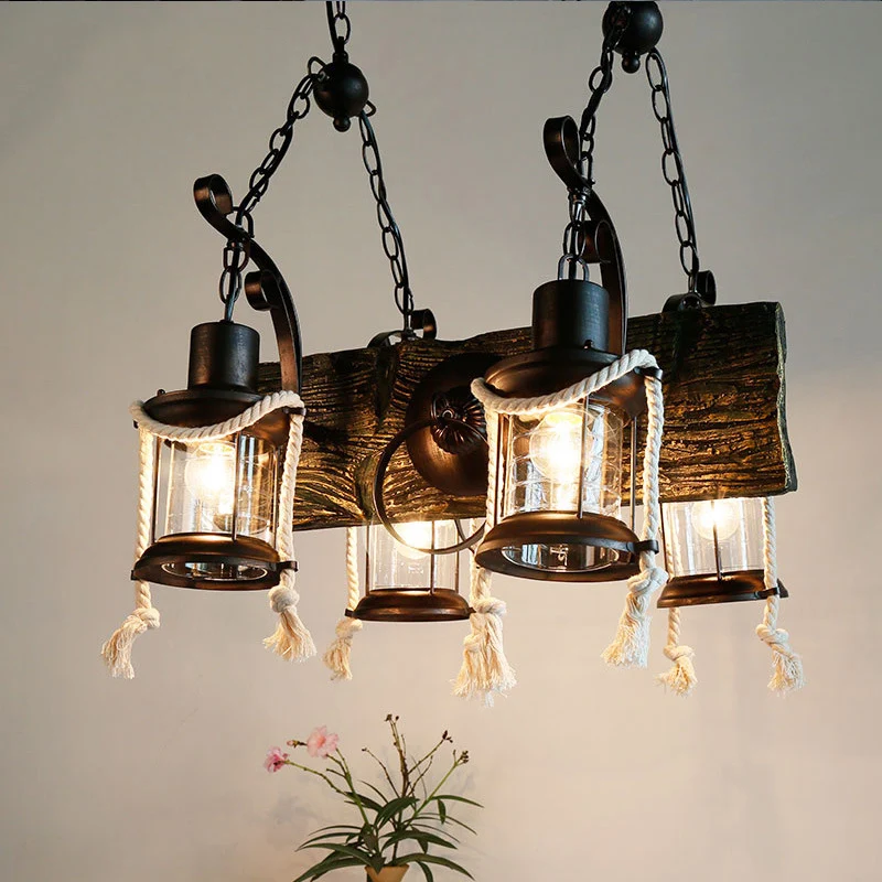 Houten bord Black Island-lamp Lineair 4-lichts nautische hangverlichting met lantaarn en henneptouw Clearhalo