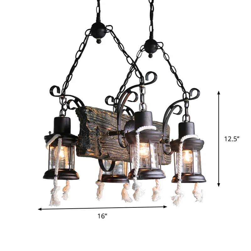 Houten bord Black Island-lamp Lineair 4-lichts nautische hangverlichting met lantaarn en henneptouw Clearhalo
