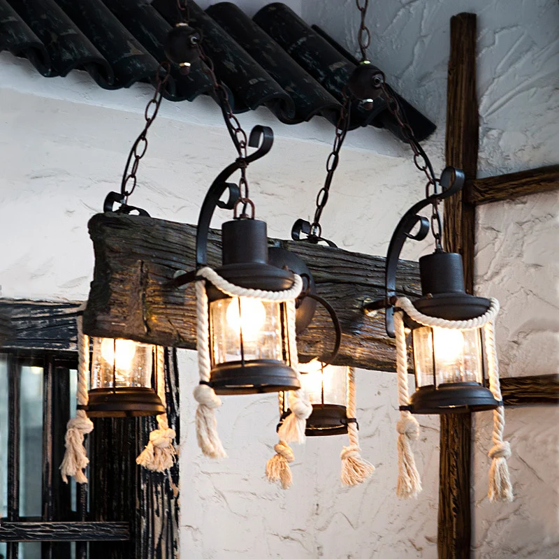 Houten bord Black Island-lamp Lineair 4-lichts nautische hangverlichting met lantaarn en henneptouw Clearhalo