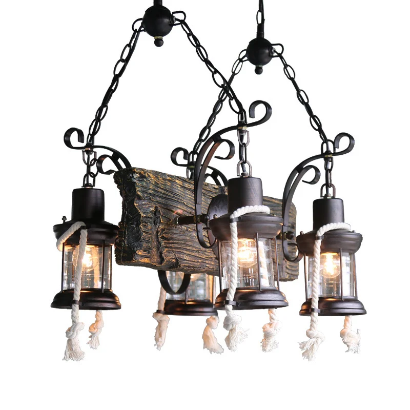 Houten bord Black Island-lamp Lineair 4-lichts nautische hangverlichting met lantaarn en henneptouw Clearhalo