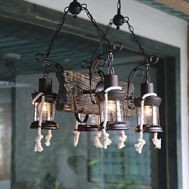 Houten bord Black Island-lamp Lineair 4-lichts nautische hangverlichting met lantaarn en henneptouw Clearhalo