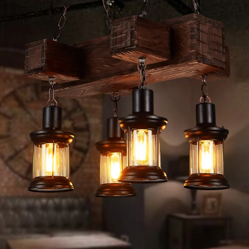 Houten bruine plafondlamp lantaarn 6 lampen Rustieke hangende eilandlamp voor restaurant Clearhalo