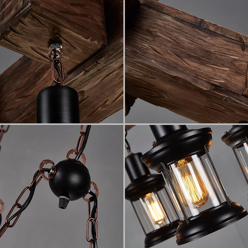 Houten bruine plafondlamp lantaarn 6 lampen Rustieke hangende eilandlamp voor restaurant Clearhalo