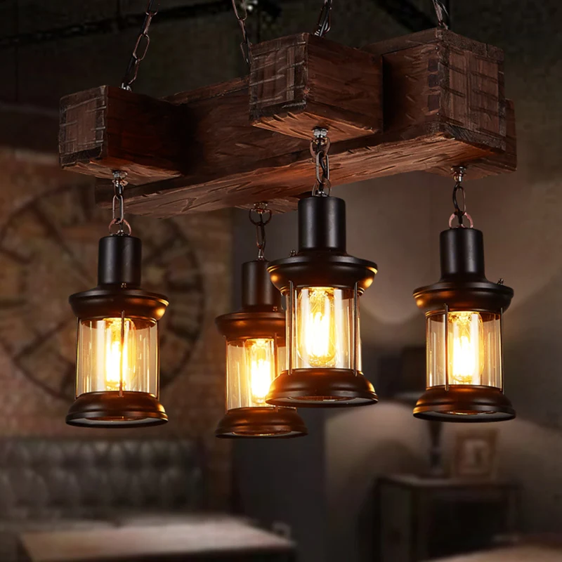 Houten bruine plafondlamp lantaarn 6 lampen Rustieke hangende eilandlamp voor restaurant Clearhalo