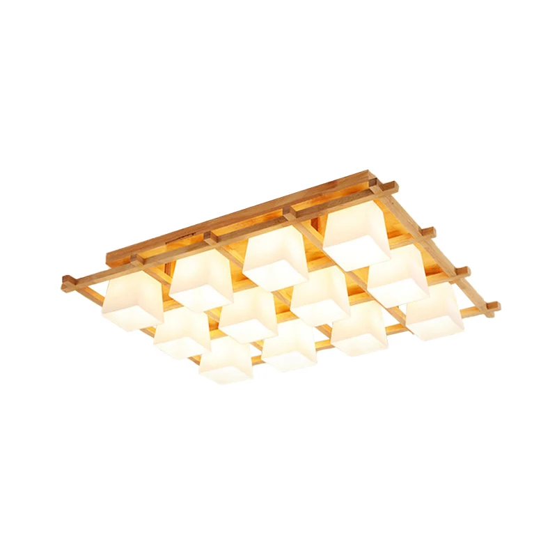 Houten dambordvormige inbouwlamp, studeerkamer, plafondlamp Japanse stijl beige Clearhalo