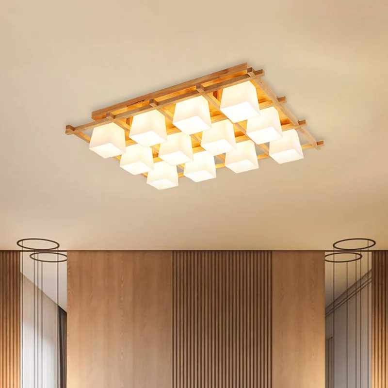 Houten dambordvormige inbouwlamp, studeerkamer, plafondlamp Japanse stijl beige Clearhalo