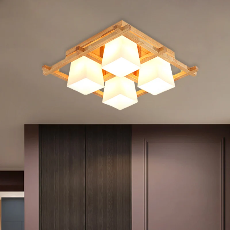 Houten dambordvormige inbouwlamp, studeerkamer, plafondlamp Japanse stijl beige Clearhalo