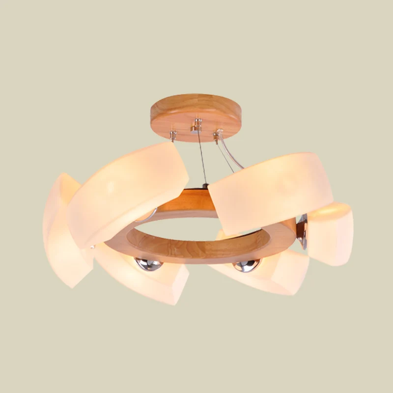Houten gebogen kroonluchter hanglamp Japanse 6-lichts witte glazen ring hangende plafondlamp Clearhalo