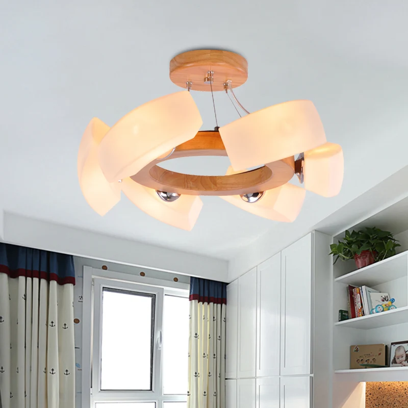 Houten gebogen kroonluchter hanglamp Japanse 6-lichts witte glazen ring hangende plafondlamp Clearhalo