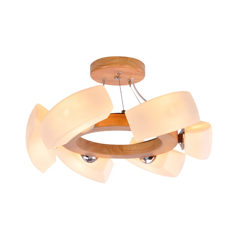 Houten gebogen kroonluchter hanglamp Japanse 6-lichts witte glazen ring hangende plafondlamp Clearhalo
