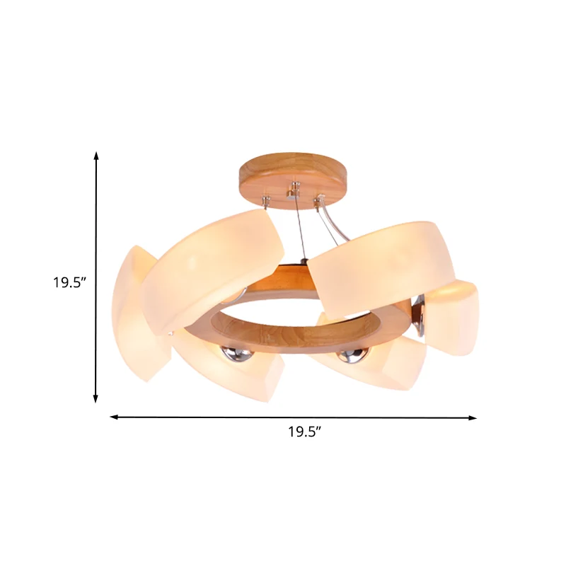 Houten gebogen kroonluchter hanglamp Japanse 6-lichts witte glazen ring hangende plafondlamp Clearhalo