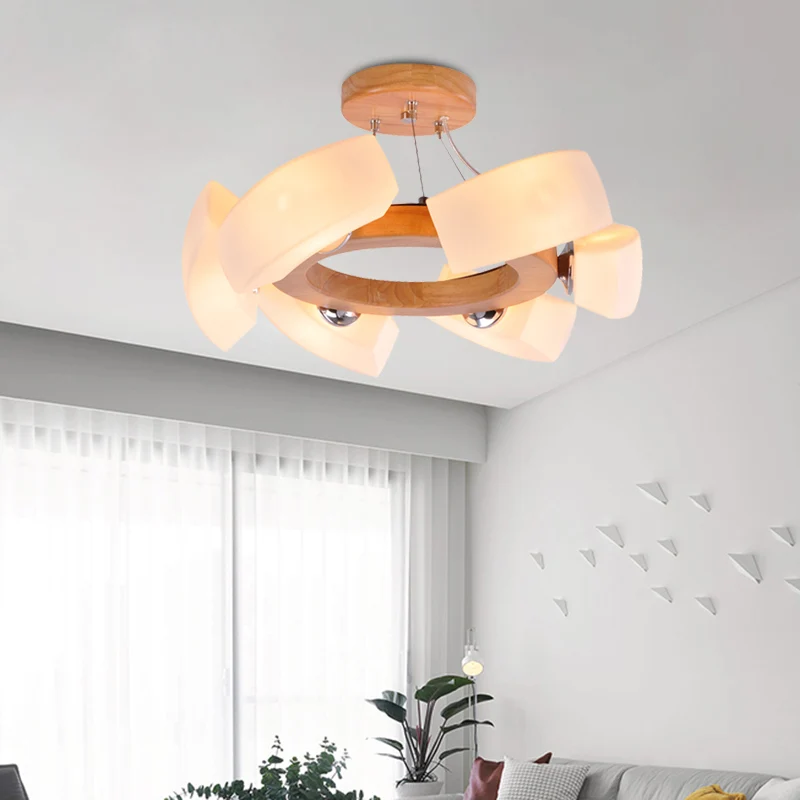 Houten gebogen kroonluchter hanglamp Japanse 6-lichts witte glazen ring hangende plafondlamp Clearhalo