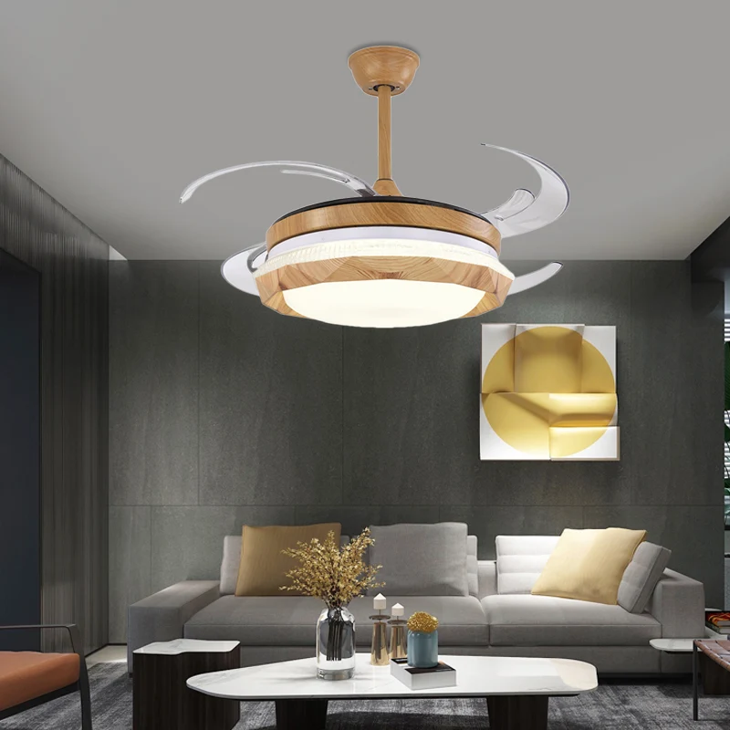 Houten geometrische plafondventilator verlichting moderne slaapkamer 4 bladen LED semi-inbouwlamp beige, 48 inch breed Cle...