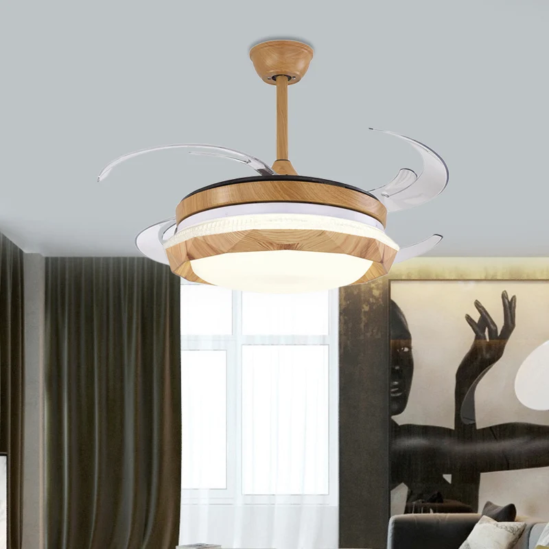 Houten geometrische plafondventilator verlichting moderne slaapkamer 4 bladen LED semi-inbouwlamp beige, 48 inch breed Cle...