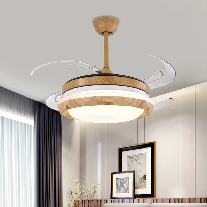 Houten geometrische plafondventilator verlichting moderne slaapkamer 4 bladen LED semi-inbouwlamp beige, 48 inch breed Cle...