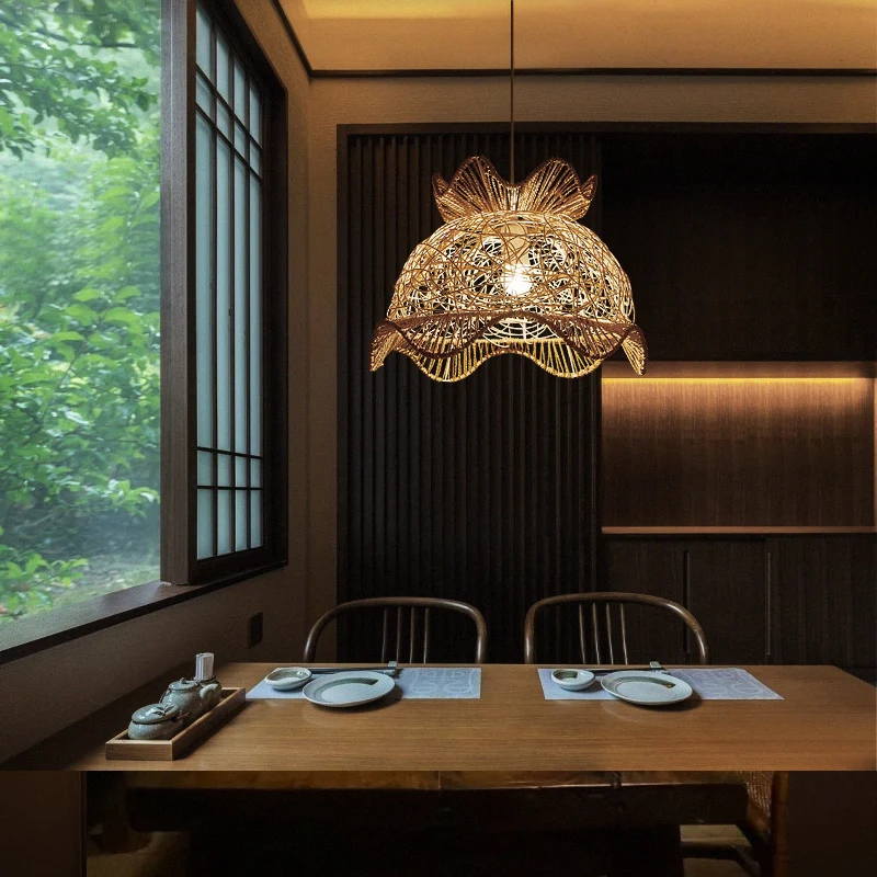 Houten geschulpte plafondlamp Aziatische stijl 1 hoofd Rotan hanglamp voor restaurant Clearhalo