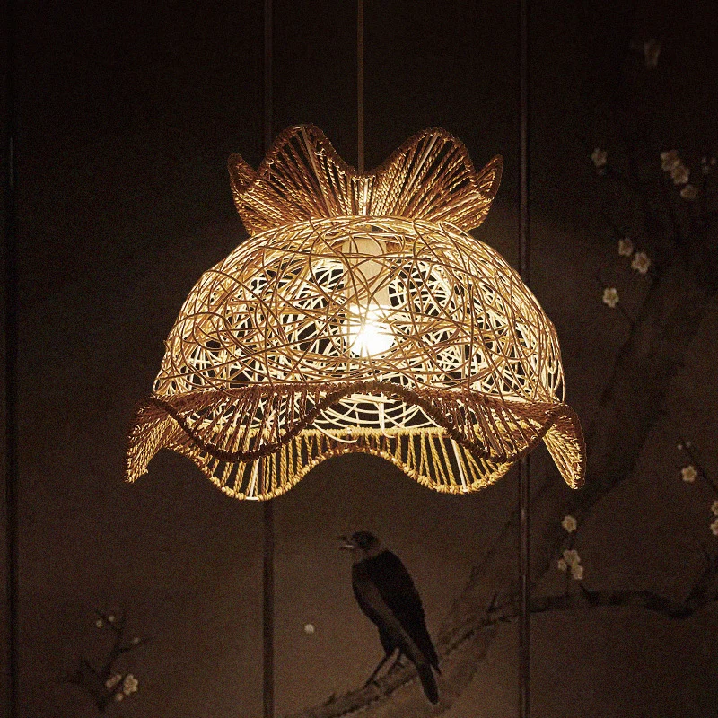 Houten geschulpte plafondlamp Aziatische stijl 1 hoofd Rotan hanglamp voor restaurant Clearhalo