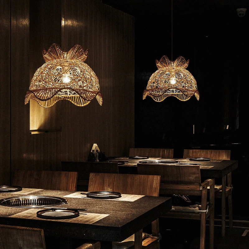 Houten geschulpte plafondlamp Aziatische stijl 1 hoofd Rotan hanglamp voor restaurant Clearhalo